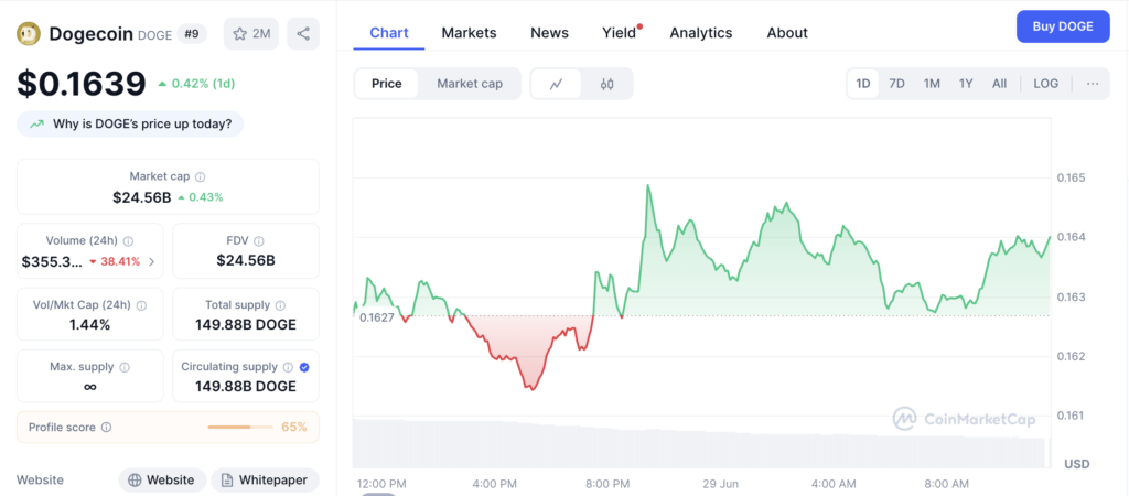 نمودار قیمت و اطلاعات بازار دوج کوین - منبع: CoinMarketCap